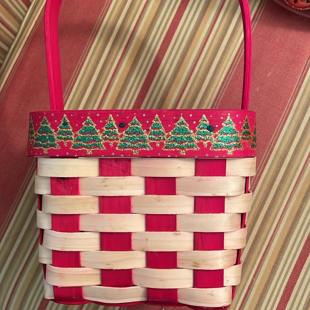Festive Red and Cream Woven Basket Bag